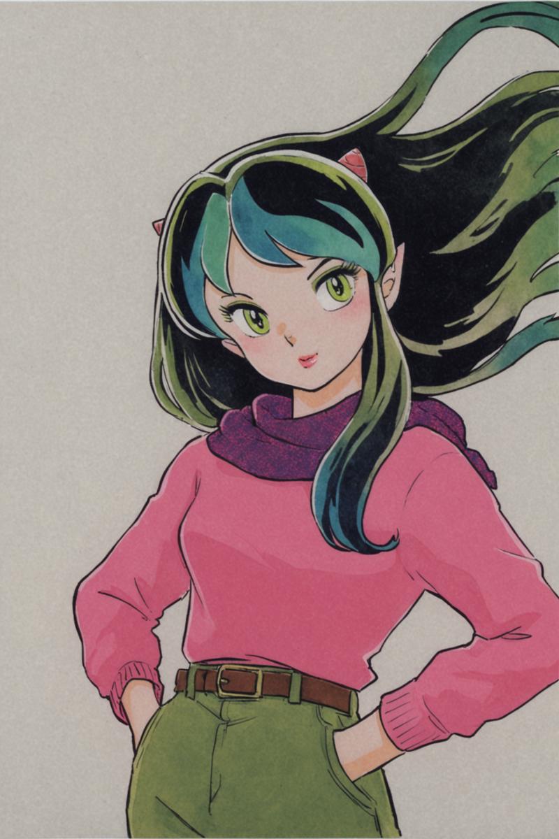 29197-48069700-1girl,solo,horns,scarf,long hair,lum,sweater,green hair,white background,pink sweater,green eyes,makeup,hands in pockets,multico.png